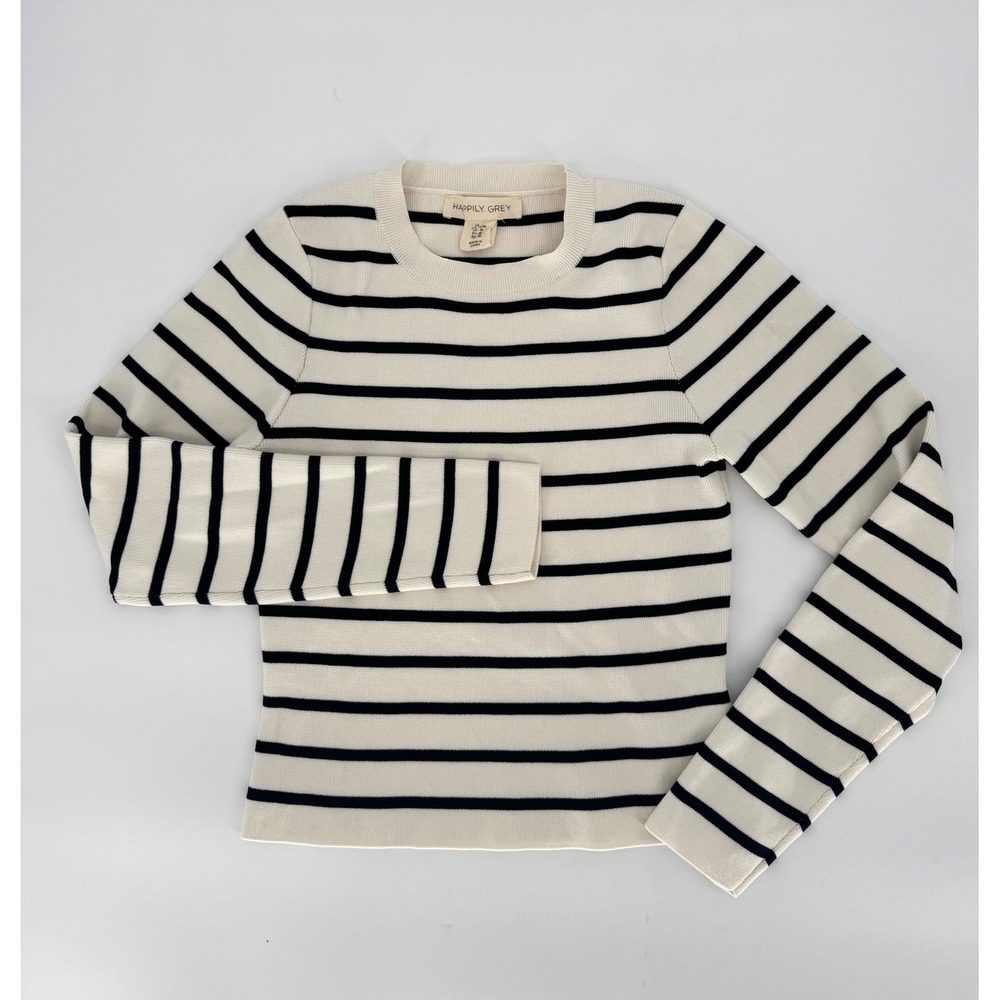 HAPPILY GREY Striped Knit Sweater Top Cream Black Long Sleeve Women's Medium